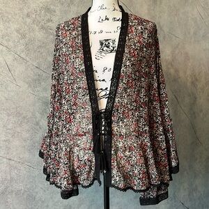 Free People Black Floral Kimono Top Size S